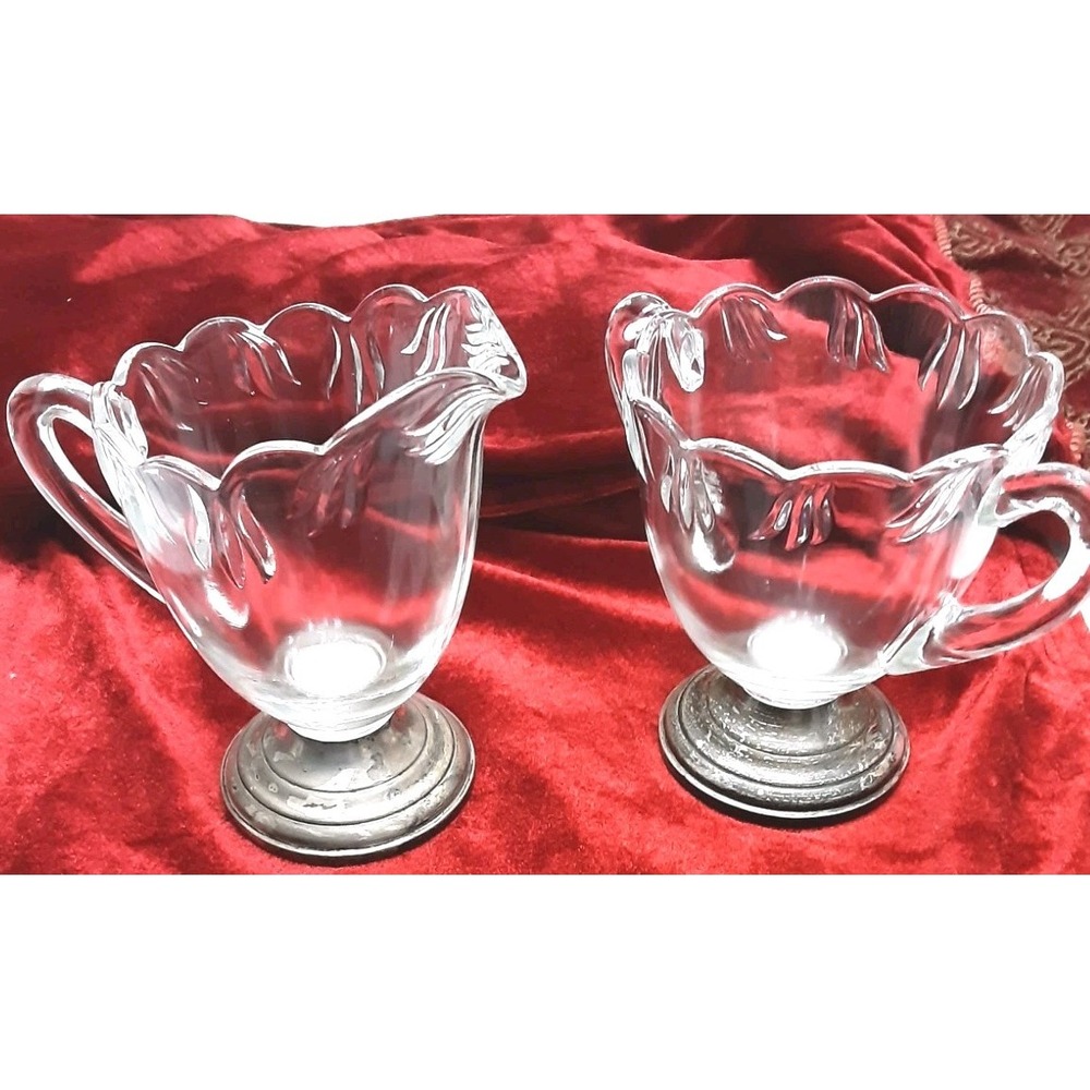 Vtg G. Fina Cream Sugar Set Weighted sterling Clear Glass Scalloped Edges